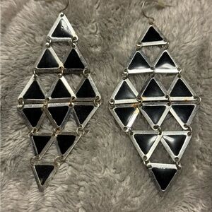 Geometric Black and Silver Hanging Silver Plate Pierced Earrings